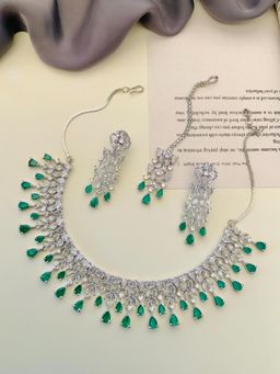 Abdesigns - Sophisticated Silver Plated American Diamond Jewellery Set - Green