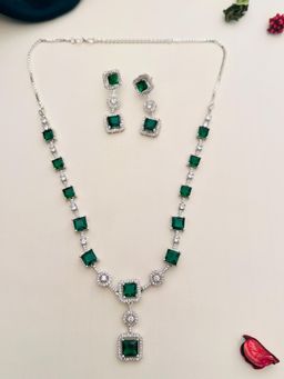 Abdesigns - Stunning Silver Plated American Diamond Necklace Set - Green