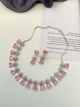 Abdesigns - Enchanting Silver Plated American Diamond Necklace Set - Pink