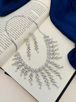 Abdesigns - Silver-Plated American Diamond Necklace Set - Silver