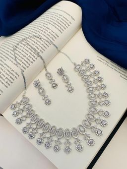 Abdesigns - Silver-Plated American Diamond Necklace Set - Silver