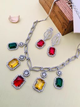 Abdesigns - Enchanting Silver Plated American Diamond Necklace Set - Multi-Color