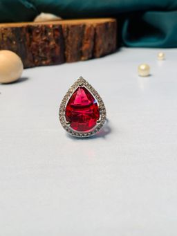 Abdesigns - Sophisticated Drop Shape Silver Plated Ring - Red