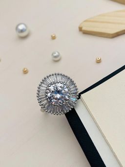 Abdesigns - Impressive Solitaire Silver Plated American Diamond Ring - White