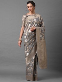Akhilam - Grey Festive Silk Blend Banarsi Saree with Unstitched
