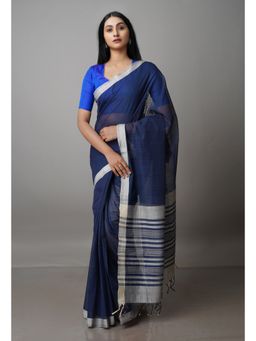 Unnati Silks - Navy Blue Pure Handloom Mangalagiri Cotton Saree with Unstitched Blouse