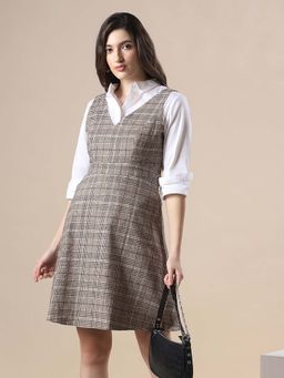 Globus - Women Brown Checkered V-Neck Flare Mini Dress