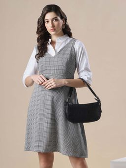 Globus - Women Black Checkered V-Neck Flare Mini Dress