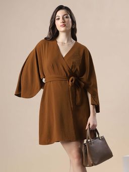 Globus - Women Brown Wrap V-Neck Mini Dress