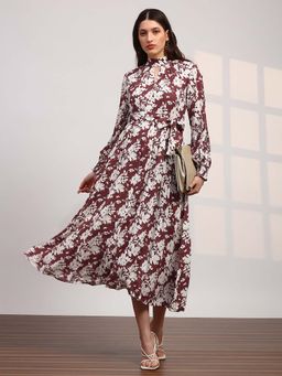 Globus - Women Pink Floral High Neck Flare Midi Dress