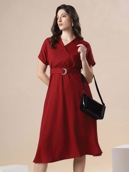 Globus - Women Maroon Flare Midi Dress