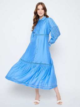 Madame - Women Blue Embroidered Midi Dress