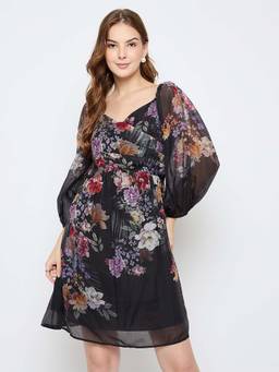 Madame - Women Black Floral Midi Dress