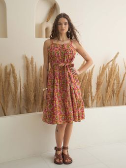 SANSKRUTIHOMES - Women Pink Printed Square Neck Knee Length Dress