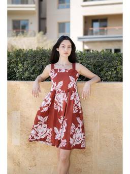 SANSKRUTIHOMES - Rust Floral Knee Length Dress for Women