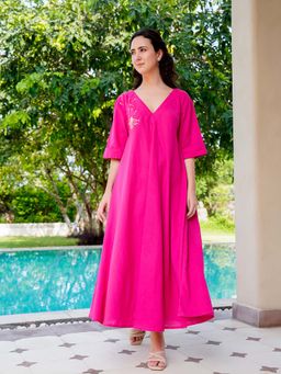 SANSKRUTIHOMES - Pink Embroidered V-Neck Maxi Dress for Women