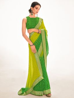 Akhilam - Women Silk Blend Green Printed Celebrity Saree with Unstitched Blouse