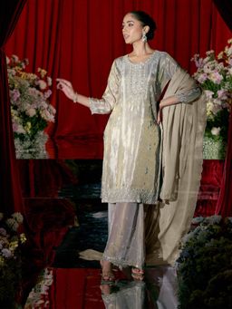 Label S4U - Grey Embellished Palazzo with Kurta and Dupatta