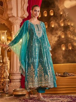 Label S4U - Teal Embroidery Anarkali with Pant and Dupatta
