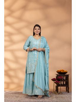 Mamicha - Blue Fiza Embroidered Palazzo with Kurta and Dupatta