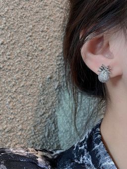 Yellow Chimes - Silver Toned Crystal Studded Pineapple Fruit Shape Stud Earrings