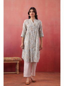 SAVI - White Cotton Floral Print Designer Kurta with Pant