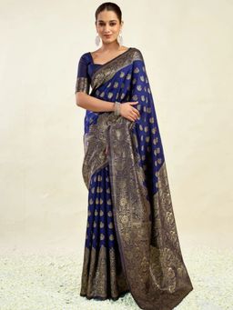 Odette - Dark Blue Silk Blend Woven Saree with Unstitched Blouse