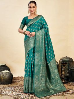 Odette - Teal Green Silk Blend Woven Saree with Unstitched Blouse
