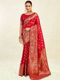 Odette - Red Silk Blend Woven Saree with Unstitched Blouse