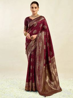 Odette - Maroon Silk Blend Woven Saree with Unstitched Blouse
