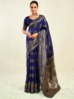 Odette - Dark Blue Silk Blend Woven Saree with Unstitched Blouse