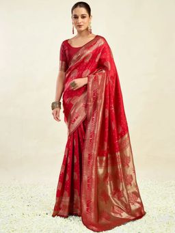 Odette - Red Silk Blend Woven Saree with Unstitched Blouse
