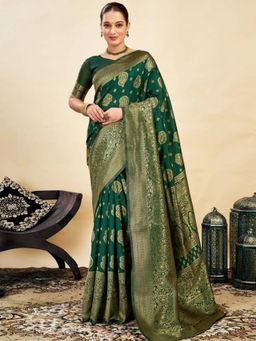 Odette - Dark Green Silk Blend Woven Saree with Unstitched Blouse