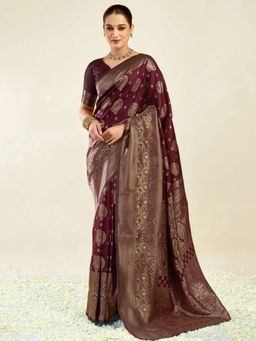 Odette - Maroon Silk Blend Woven Saree with Unstitched Blouse