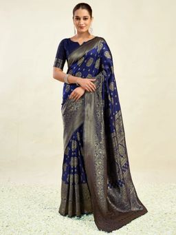 Odette - Dark Blue Silk Blend Woven Saree with Unstitched Blouse