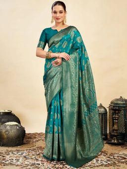 Odette - Teal Green Silk Blend Woven Saree with Unstitched Blouse