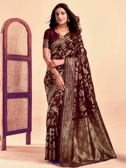 Odette - Dark Wine Silk Blend Woven Saree with Unstitched Blouse