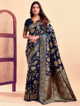 Odette - Navy Blue Silk Blend Woven Saree with Unstitched Blouse