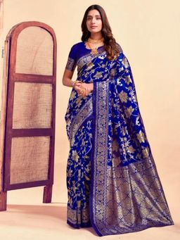 Odette - Navy Blue Silk Blend Woven Saree with Unstitched Blouse