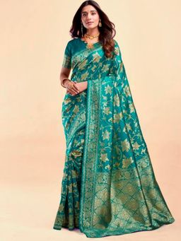 Odette - Teal Green Silk Blend Woven Saree with Unstitched Blouse