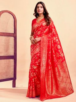 Odette - Red Silk Blend Woven Saree with Unstitched Blouse