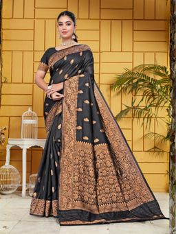 Odette - Black and Gold Silk Blend Woven Saree with Unstitched Blouse