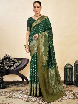 Odette - Dark Green Silk Blend Woven Saree with Unstitched Blouse