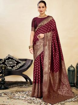Odette - Maroon Silk Blend Woven Saree with Unstitched Blouse