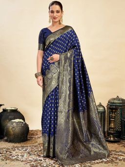Odette - Dark Blue Silk Blend Woven Saree with Unstitched Blouse