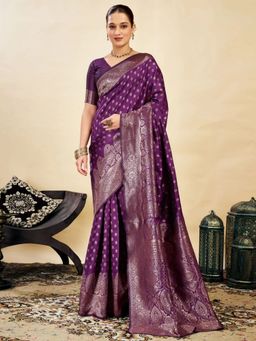 Odette - Purple Silk Blend Woven Saree with Unstitched Blouse