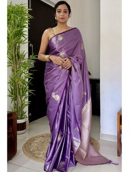 Mysilklove - Wisteria Purple Handloom Satin Soft Silk Saree with Unstitched Blouse
