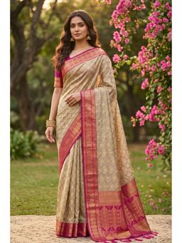 Mysilklove - Desert Cream and Pink Woven Banarasi Cotton Saree with Unstitched Blouse