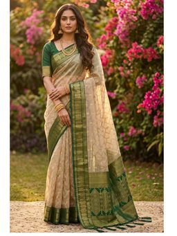 Mysilklove - Coconut Cream and Green Woven Banarasi Cotton Saree with Unstitched Blouse