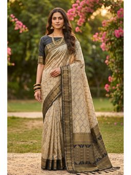 Mysilklove - Dust Cream and Black Woven Banarasi Cotton Saree with Unstitched Blouse